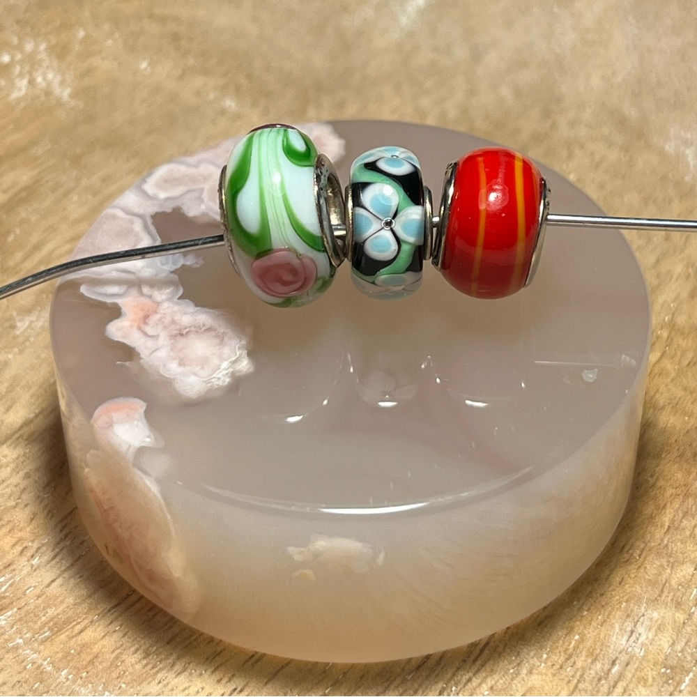 Floral & Striped Glass 925 Sterling Silver Bead Charms